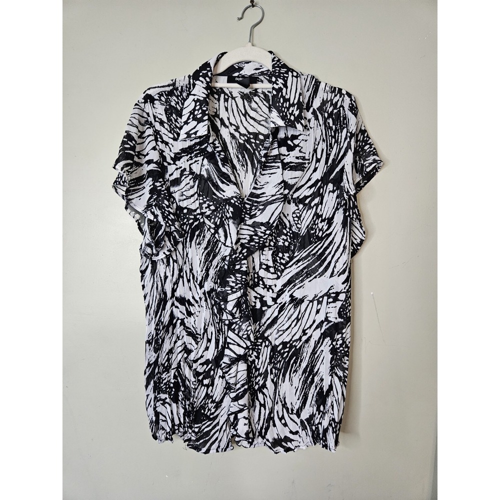 ❤️Style & Co 20W Blouse Ruffle White Black Print 💜🌸